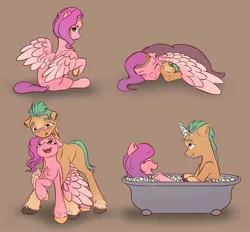 Size: 2478x2299 | Tagged: safe, artist:itssim, derpibooru import, hitch trailblazer, pipp petals, earth pony, pegasus, pony, g5, bathtub, blushing, duo, duo male and female, eyes closed, female, floppy ears, high res, hug, image, jpeg, male, mare, open mouth, open smile, raised hoof, ship:pitch, shipping, sitting, smiling, spread wings, stallion, straight, tail, unshorn fetlocks, wing blanket, winghug, wings