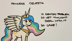 Size: 2048x1169 | Tagged: safe, artist:hoofclid, derpibooru import, princess celestia, alicorn, pony, g4, cake, cakelestia, female, food, image, jpeg, mare, marker drawing, programming, redraw, smiling, solo, spread wings, text, traditional art, wings