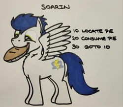 Size: 2048x1798 | Tagged: safe, artist:hoofclid, derpibooru import, soarin', pegasus, pony, g4, chest fluff, food, image, jpeg, male, marker drawing, mouth hold, pie, programming, redraw, solo, spread wings, stallion, text, that pony sure does love pies, traditional art, wings