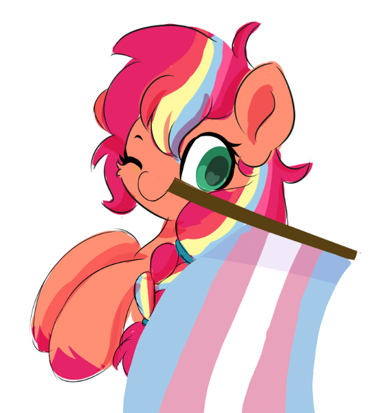 Size: 656x720 | Tagged: safe, artist:skylinepony_, derpibooru import, sunny starscout, earth pony, pony, g5, colored pupils, cute, female, green pupils, hoof hold, image, mane stripe sunny, mouth hold, one eye closed, png, pride, pride flag, simple background, solo, transgender pride flag, white background