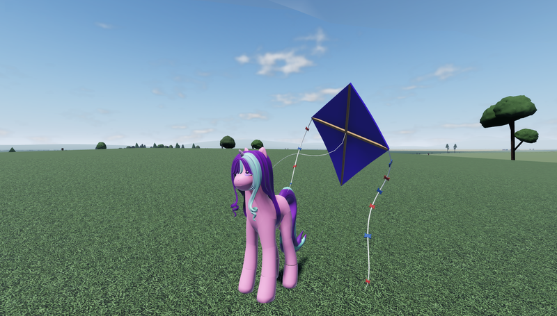 Size: 1858x1057 | Tagged: safe, derpibooru import, starlight glimmer, pony, unicorn, cloud, female, field, game screencap, horn, image, kite, png, roblox, solo, that pony sure does love kites, tree, twisted (game)