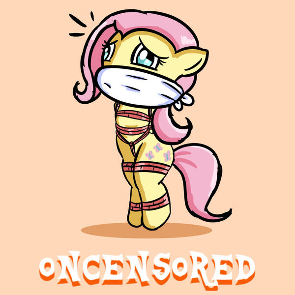 Size: 1280x1280 | Tagged: suggestive, artist:oncensored, derpibooru import, part of a set, fluttershy, pegasus, semi-anthro, g4, arm behind back, bipedal, bondage, bound and gagged, bound ankles, chibi, cloth gag, crotch rope, cute, damsel in distress, female, fetish, gag, image, jpeg, looking offscreen, orange background, over the nose gag, rope, rope bondage, shadow, simple background, solo, solo female, standing, tied up, wingless