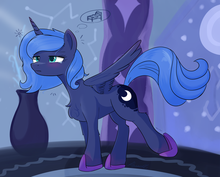 Size: 2474x1989 | Tagged: safe, artist:rayelli, derpibooru import, princess luna, alicorn, pony, bed, blushing, castle, chest fluff, clothes, crying, cute, derpibooru exclusive, female, flag, image, lunabetes, mare, morning, png, slippers, solo, spread wings, standing on three hooves, stretching, text, vase, wings, young luna, younger