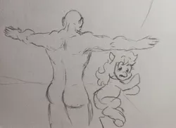 Size: 2048x1487 | Tagged: suggestive, artist:pony quarantine, derpibooru import, oc, earth pony, human, pony, ass, asserting dominance, butt, cowering, duo, duo male and female, female, image, jpeg, male, mare, meme, nudity, pencil drawing, t pose, traditional art