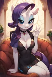 Size: 832x1216 | Tagged: suggestive, ai content, derpibooru import, machine learning generated, prompter:vipriest, rarity, anthro, breasts, cleavage, clothes, couch, dress, gesture, image, jpeg