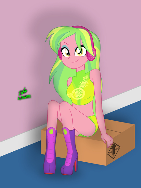 Size: 1920x2560 | Tagged: suggestive, artist:gibsterboy5, derpibooru import, lemon zest, human, equestria girls, g4, bare shoulders, boots, box, breasts, cleavage, clothes, complex background, eyeshadow, female, green swimsuit, headphones, high heel boots, high heels, image, jpeg, looking at you, makeup, midriff, purple shoes, red sole shoes, shoes, signature, sitting, sleeveless, smiling, smirk, solo, swimming trunks, swimsuit, tanktop, two-piece swimsuit