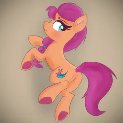 Size: 1500x1500 | Tagged: safe, artist:psfmer, derpibooru import, sunny starscout, earth pony, pony, g5, blushing, butt, female, gray background, image, looking at you, lying down, mare, plot, png, side, simple background, solo, sunny starbutt, underhoof