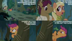 Size: 2000x1125 | Tagged: safe, derpibooru import, edit, edited screencap, editor:quoterific, screencap, mane allgood, scootaloo, snap shutter, g4, the last crusade, everfree forest, image, png, trio