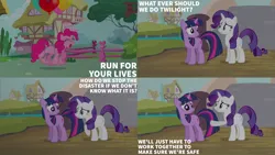 Size: 2000x1125 | Tagged: safe, derpibooru import, edit, edited screencap, editor:quoterific, screencap, pinkie pie, rarity, twilight sparkle, unicorn, g4, it's about time, balloon, bridge, female, fence, image, png, ponyville, trio, trio female, unicorn twilight