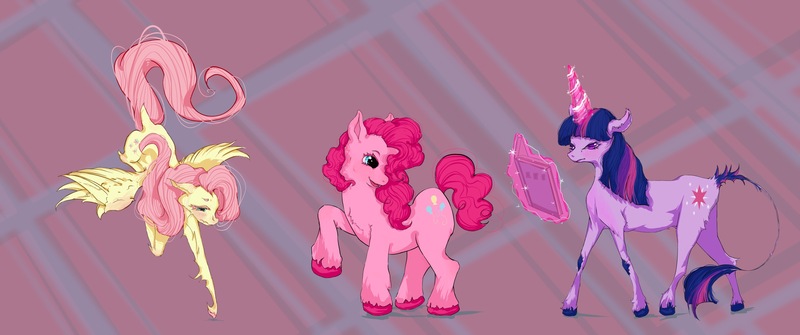 Size: 4096x1714 | Tagged: safe, artist:xiangsi00913, derpibooru import, fluttershy, pinkie pie, twilight sparkle, classical unicorn, earth pony, pegasus, pony, unicorn, book, cloven hooves, female, horn, image, jpeg, leonine tail, magic, mare, patterned background, slit pupils, spread wings, telekinesis, unshorn fetlocks, wings