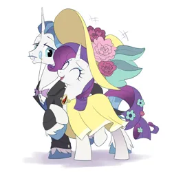 Size: 3000x3000 | Tagged: safe, artist:wangmiaomiaomengdaidai, derpibooru import, fancypants, rarity, pony, unicorn, clothes, dress, duo, duo male and female, eyes closed, female, hat, horn, image, male, mare, monocle, open mouth, png, simple background, smiling, stallion, unshorn fetlocks, white background