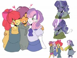 Size: 2048x1536 | Tagged: safe, artist:ajtordsuki, derpibooru import, apple bloom, diamond tiara, scootaloo, sweetie belle, human, equestria girls, g4, clothes, cutie mark crusaders, dress, eyes closed, grin, heart, hoodie, hug, image, jpeg, one eye closed, open mouth, shorts, simple background, skirt, smiling, suspenders, teary eyes, white background