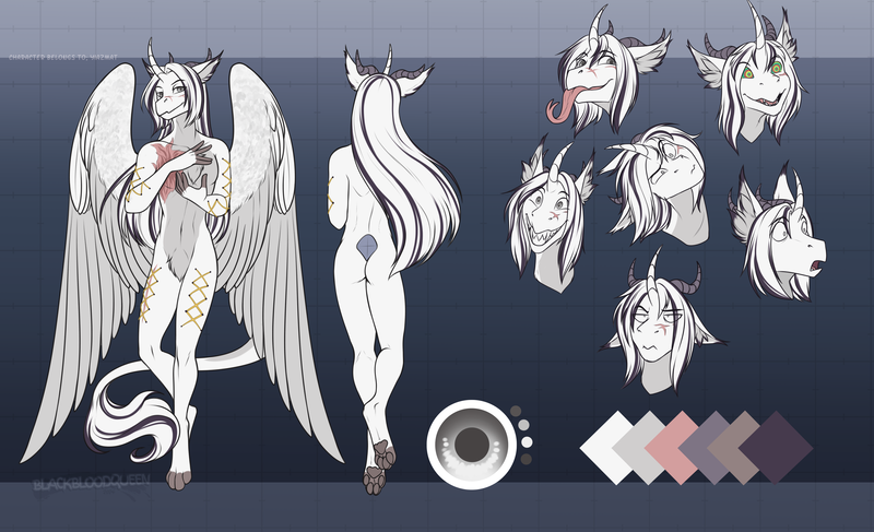 Size: 4433x2700 | Tagged: safe, artist:blackblood-queen, derpibooru import, oc, oc:yiazmat, anthro, draconequus, feathered wings, grin, horn, horns, hypno eyes, hypnosis, image, kaa eyes, male, paw pads, paws, png, reference sheet, smiling, surprised, tail, tongue out, tooth, wings