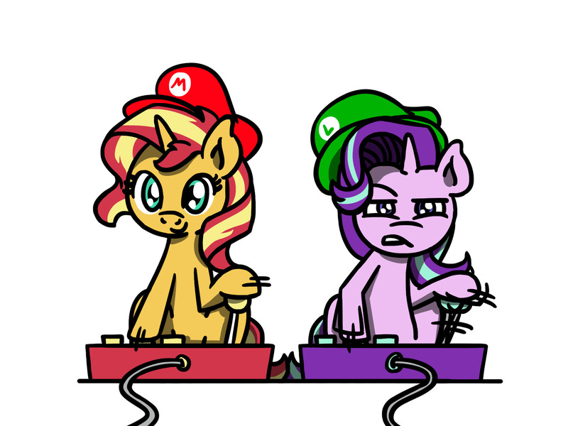 Size: 1800x1350 | Tagged: safe, artist:flutterluv, derpibooru import, starlight glimmer, sunset shimmer, pony, unicorn, g4, arcade stick, cap, cute, duo, duo female, female, glimmerbetes, hat, horn, image, jpeg, luigi's hat, mario hat, shimmerbetes, simple background, white background