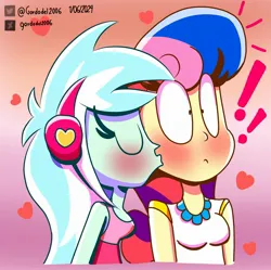 Size: 2376x2365 | Tagged: safe, artist:gordodel2006, derpibooru import, bon bon, lyra heartstrings, sweetie drops, human, equestria girls, g4, blushing, female, heart, high res, image, jpeg, kiss on the cheek, kissing, lesbian, lyrabon, shipping