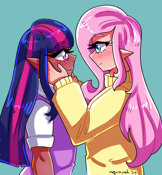 Size: 2550x2745 | Tagged: safe, artist:mylittleyuri, derpibooru import, fluttershy, twilight sparkle, human, blue background, blushing, clothes, dark skin, duo, duo female, elf ears, female, hands on cheeks, humanized, image, lesbian, looking at each other, looking at someone, png, ship:twishy, shipping, shirt, simple background, sweater, sweater vest, sweatershy