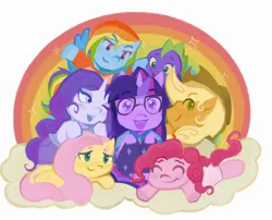 Size: 2254x1817 | Tagged: safe, artist:yurigirlsies, derpibooru import, applejack, fluttershy, pinkie pie, rainbow dash, rarity, spike, twilight sparkle, dragon, earth pony, pegasus, pony, clothes, cloud, dress, eyes closed, image, jpeg, mane seven, mane six, open mouth, simple background, white background