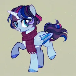 Size: 1024x1024 | Tagged: safe, derpibooru import, oc, oc:wolf blake, unnamed oc, alicorn, alicorn oc, clothes, female, fusion, fusion:twilight sparkle, horn, image, jpeg, looking at you, scarf, smiling, smiling at you, striped wings, wings