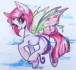 Size: 960x881 | Tagged: oc name needed, source needed, safe, artist:enjaadjital, derpibooru import, oc, unofficial characters only, pony, butterfly wings, cloud, colored pencil drawing, eye clipping through hair, eyebrows, eyebrows visible through hair, female, female oc, flying, image, jpeg, looking at you, mare, mare oc, side view, sky, smiling, solo, traditional art, wings