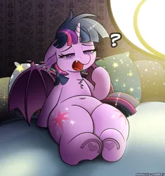 Size: 1833x1947 | Tagged: safe, artist:andaluce, artist:pabbley, derpibooru import, twilight sparkle, twilight sparkle (alicorn), alicorn, bat pony, bat pony alicorn, pony, g4, bat ponified, bat wings, bed, bed mane, belly, belly button, chest fluff, chubby, cute, fangs, fat, female, floppy ears, hoof heart, horn, image, lidded eyes, lying down, mare, messy mane, on back, on bed, open mouth, png, question mark, race swap, sleeping, sleepy, solo, transformation, twiabetes, twibat, underhoof, waking up, wings, yawn