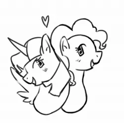 Size: 2048x2048 | Tagged: safe, artist:twipiebongrip, derpibooru import, pinkie pie, twilight sparkle, twilight sparkle (alicorn), alicorn, earth pony, pony, black and white, duo, female, grayscale, grin, heart, image, jpeg, lesbian, monochrome, shipping, simple background, smiling, twinkie, white background