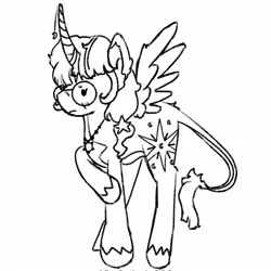 Size: 2047x2048 | Tagged: safe, artist:twipiebongrip, derpibooru import, twilight sparkle, twilight sparkle (alicorn), alicorn, pony, alternate design, black and white, grayscale, image, jpeg, monochrome, nervous, simple background, solo, white background