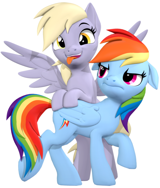 Size: 1700x2000 | Tagged: safe, artist:owlpirate, derpibooru import, derpy hooves, rainbow dash, pegasus, pony, g4, 3d, bipedal, bipedal leaning, cute, derpabetes, duo, duo female, female, floppy ears, frown, image, leaning, looking back, mare, open mouth, open smile, png, rainbow dash is not amused, silly, smiling, source filmmaker, spread wings, standing on two hooves, tongue out, unamused, wings