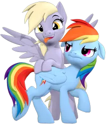 Size: 1700x2000 | Tagged: safe, artist:owlpirate, derpibooru import, derpy hooves, rainbow dash, pegasus, pony, g4, 3d, bipedal, bipedal leaning, cute, derpabetes, duo, duo female, female, floppy ears, frown, image, leaning, looking back, mare, open mouth, open smile, png, rainbow dash is not amused, silly, smiling, source filmmaker, spread wings, standing on two hooves, tongue out, unamused, wings