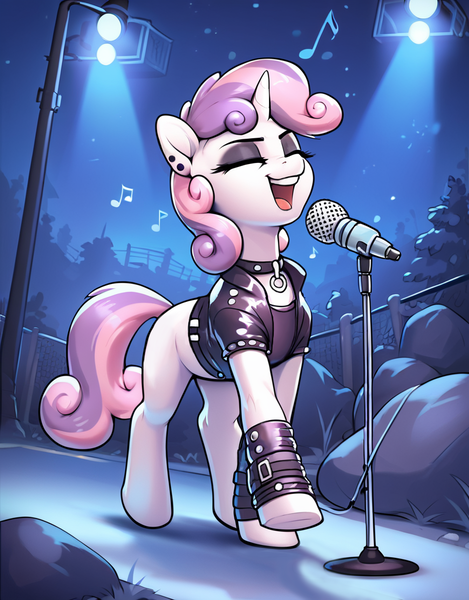 Size: 800x1024 | Tagged: safe, ai content, anonymous editor, derpibooru import, edit, machine learning generated, prompter:thelight3d, stable diffusion, sweetie belle, pony, unicorn, g4, blank flank, clothes, eyes closed, eyeshadow, female, generator:pony diffusion v6 xl, goth, horn, image, jacket, leather, leather jacket, makeup, microphone, microphone stand, music, night, png, punk, singing, solo