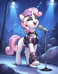 Size: 800x1024 | Tagged: safe, ai content, anonymous editor, derpibooru import, edit, machine learning generated, prompter:thelight3d, stable diffusion, sweetie belle, pony, unicorn, g4, blank flank, clothes, eyes closed, eyeshadow, female, generator:pony diffusion v6 xl, goth, horn, image, jacket, leather, leather jacket, makeup, microphone, microphone stand, music, night, png, punk, singing, solo