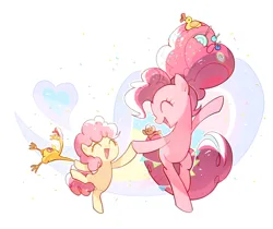 Size: 900x755 | Tagged: safe, artist:megarock, derpibooru import, boneless, boneless 6, li'l cheese, pinkie pie, earth pony, pony, semi-anthro, the last problem, abstract background, bipedal, colt, confetti, eyes closed, female, foal, holding hooves, image, male, mother and child, mother and son, older, older pinkie pie, png, rubber chicken, smiling