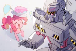 Size: 809x547 | Tagged: safe, artist:megarock, derpibooru import, pinkie pie, earth pony, pony, balancing, cake, crossover, decepticon, eyes closed, female, food, image, mare, megatron, plate, png, transformers