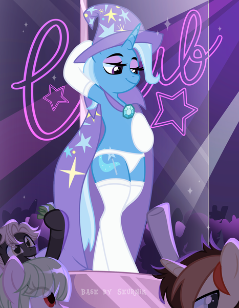 Size: 3893x5001 | Tagged: safe, alternate version, artist:ghostpikachu, derpibooru import, trixie, pony, semi-anthro, unicorn, g4, base artist:seurnik, base used, bedroom eyes, bipedal, cape, clothes, club, collar, dancing, derpibooru exclusive, eyeshadow, gem, hat, high res, horn, image, lidded eyes, makeup, panties, party, png, pole, pole dancing, seductive, seductive look, seductive pose, sexy, socks, solo focus, spotlight, stockings, stripper pole, thigh highs, underwear