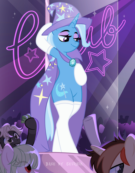 Size: 3893x5001 | Tagged: safe, alternate version, artist:ghostpikachu, derpibooru import, trixie, pony, semi-anthro, unicorn, g4, base artist:seurnik, base used, bedroom eyes, bipedal, cape, clothes, club, dancing, derpibooru exclusive, gem, hat, high res, horn, image, lidded eyes, makeup, party, png, pole, pole dancing, seductive, seductive look, seductive pose, sexy, socks, solo focus, spotlight, stockings, stripper pole, thigh highs