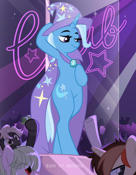 Size: 3893x5001 | Tagged: safe, alternate version, artist:ghostpikachu, derpibooru import, trixie, pony, semi-anthro, unicorn, g4, base artist:seurnik, base used, bedroom eyes, bipedal, cape, clothes, club, dancing, derpibooru exclusive, gem, hat, high res, horn, image, lidded eyes, makeup, party, png, pole, pole dancing, seductive, seductive look, seductive pose, sexy, solo focus, spotlight, stripper pole