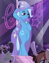 Size: 3893x5001 | Tagged: safe, alternate version, artist:ghostpikachu, derpibooru import, trixie, pony, semi-anthro, unicorn, g4, base artist:seurnik, base used, bedroom eyes, bipedal, cape, clothes, club, dancing, derpibooru exclusive, gem, hat, high res, horn, image, lidded eyes, makeup, party, png, pole, pole dancing, seductive, seductive look, seductive pose, sexy, solo focus, spotlight, stripper pole