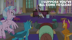 Size: 2000x1125 | Tagged: safe, derpibooru import, edit, edited screencap, editor:quoterific, screencap, chancellor neighsay, gallus, silverstream, smolder, yona, dragon, gryphon, hippogriff, pony, unicorn, yak, g4, school raze, butt, horn, image, interior, png, school of friendship, smolderriere, streambutt, yonass