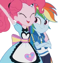 Size: 2333x2520 | Tagged: safe, derpibooru import, edit, edited screencap, editor:homersimpson1983, screencap, pinkie pie, rainbow dash, human, equestria girls, g4, arm on shoulder, background removed, duo, duo female, female, hug, image, not a vector, png, waitress