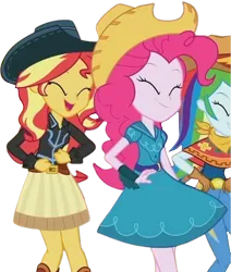 Size: 2132x2520 | Tagged: safe, derpibooru import, edit, edited screencap, editor:homersimpson1983, screencap, pinkie pie, rainbow dash, sunset shimmer, human, equestria girls, g4, background removed, belt, boots, clothes, cowboy boots, cowboy hat, cowgirl, denim, hat, high heel boots, image, jeans, not a vector, pants, png, shirt, shoes