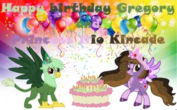 Size: 1920x1200 | Tagged: safe, artist:shieldwingarmorofgod, derpibooru import, oc, oc:gregory griffin, oc:princess kincade, unofficial characters only, alicorn, gryphon, balloon, birthday cake, cake, food, happy birthday, hat, image, party hat, png