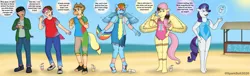 Size: 3491x1055 | Tagged: safe, artist:sparkbolt3020, derpibooru import, applejack, fluttershy, pinkie pie, rainbow dash, rarity, twilight sparkle, anthro, earth pony, human, pegasus, pony, unicorn, g4, applejack's hat, beach, clothes, cowboy hat, drink, eyeshadow, glasses, group, hat, horn, human to anthro, human to pony, image, magic, magic aura, makeup, male to female, mane six, mid-transformation, open mouth, open smile, png, post-transformation, rule 63, smiling, speech bubble, spread wings, sun, swimsuit, telekinesis, transformation, transforming clothes, transgender transformation, wings