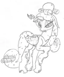 Size: 788x944 | Tagged: safe, artist:anonymous, queen chrysalis, oc, oc:physalis, changeling, changeling queen, food pony, original species, /mlp/, 4chan, bedroom eyes, drawthread, fangs, female, food, image, looking at you, monochrome, png, raised hoof, solo, standing, traditional art