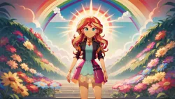 Size: 1920x1080 | Tagged: safe, ai content, derpibooru import, generator:autismmixpony, machine learning generated, stable diffusion, sunset shimmer, human, equestria girls, g4, clothes, dress, female, flower, green eyes, halo, image, jacket, meadow, multicolored hair, orange skin, outdoors, png, prompter:marusame, rainbow, skirt, smiling, solo, solo female, stairs, standing, wallpaper