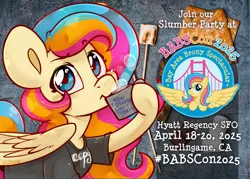 Size: 2000x1428 | Tagged: safe, artist:midnightpremiere, derpibooru import, oc, oc:golden gates, pegasus, babscon, babscon 2025, clothes, convention, convention mascot, image, jpeg, mascot, mug, shirt, sipping, solo, text