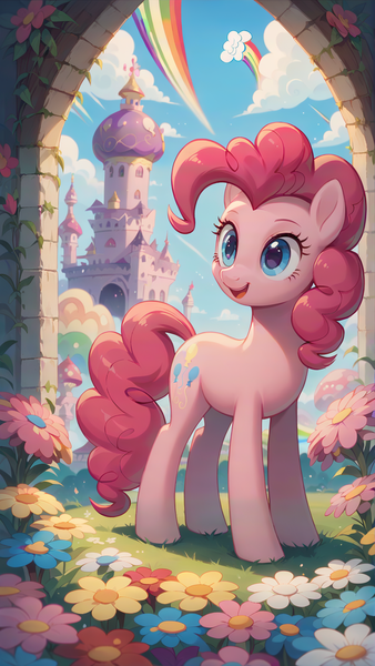 Size: 1080x1920 | Tagged: safe, ai content, derpibooru import, generator:autismmixpony, machine learning generated, stable diffusion, pinkie pie, earth pony, pony, blue eyes, building, cloud, cutie mark, female, flower, image, looking to the left, meadow, open mouth, outdoors, pink fur, pink hair, png, prompter:marusame, rainbow, sideways glance, smiling, solo, standing