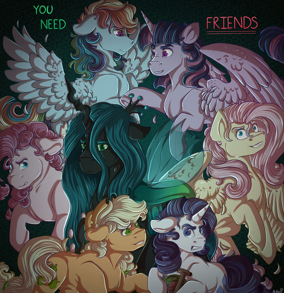 Size: 1495x1540 | Tagged: safe, artist:binibean, derpibooru import, mean applejack, mean fluttershy, mean pinkie pie, mean rainbow dash, mean rarity, mean twilight sparkle, queen chrysalis, changeling, changeling queen, earth pony, pegasus, pony, unicorn, the mean 6, clone, evil grin, female, grin, horn, image, jpeg, mare, mean six, smiling