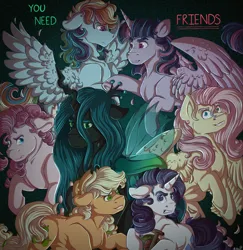 Size: 1495x1540 | Tagged: safe, artist:binibean, derpibooru import, mean applejack, mean fluttershy, mean pinkie pie, mean rainbow dash, mean rarity, mean twilight sparkle, queen chrysalis, changeling, changeling queen, earth pony, pegasus, pony, unicorn, the mean 6, clone, evil grin, female, grin, horn, image, jpeg, mare, mean six, smiling