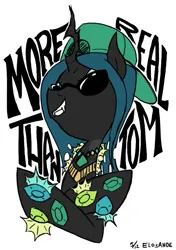 Size: 741x1052 | Tagged: safe, artist:elosande, color edit, colorist:anonymous, edit, queen chrysalis, changeling, changeling queen, /mlp/, 4chan, cap, colored, crossed hooves, drawthread, female, grin, hat, image, jewelry, png, signature, smiling, solo, sunglasses, text