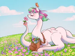 Size: 2568x1928 | Tagged: safe, artist:smirk, derpibooru import, blossomforth, butterfly, insect, fanfic:blossomthing, g4, bag, blossomthing, blushing, body horror, eldritch abomination, flower, high res, image, messenger bag, png, shapeshifter, shapeshifting, tentacle neck, tentacle spider, tentacles