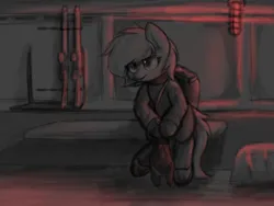 Size: 4000x3000 | Tagged: safe, artist:aaathebap, derpibooru import, oc, oc:codex droplet, unofficial characters only, earth pony, contemplating, gun, image, monochrome, png, red light, sitting, solo, weapon